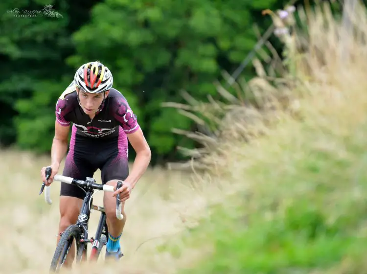 Fin Robertson shown wearing his Belgian flag helmet during a CXNE regional race. Belgian CX Project. © Alan Draffan