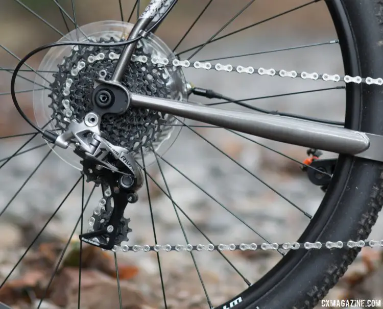 The Bombtrack Hook EXT cyclocross/gravel/adventure bike comes ready for any adventure, with a Rival 1 drivetrain. We'd opt for even lower gearing than the 11-36 cassette, but left the frisbee to protect against the derailleur-in-wheel-conditions found at the 2017 World Championships. © Cyclocross Magazine