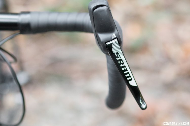 Rival 1 drivetrain and levers grace the Bombtrack Hook EXT cyclocross/gravel/adventure bike, but the levers oddly angle in a bit in the default placement. © Cyclocross Magazine