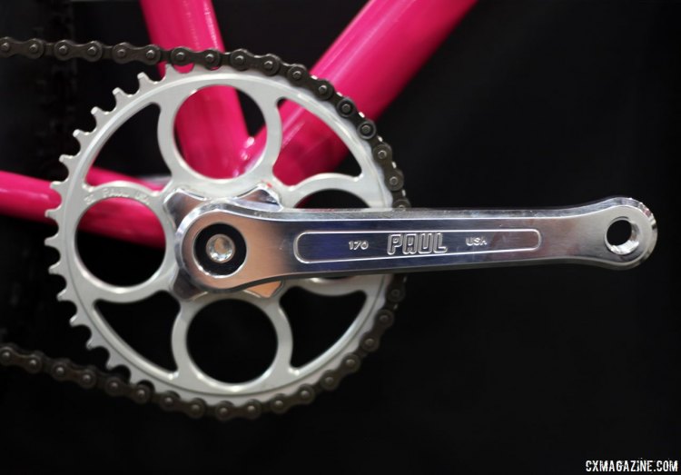 Dean Bikes' pink cyclocross bike featured a Paul Road Single Speed crankset with a 39t chainring. No wide/narrow on this square taper crankset. NAHBS 2017. © C. Fegan-Kim / Cyclocross Magazine