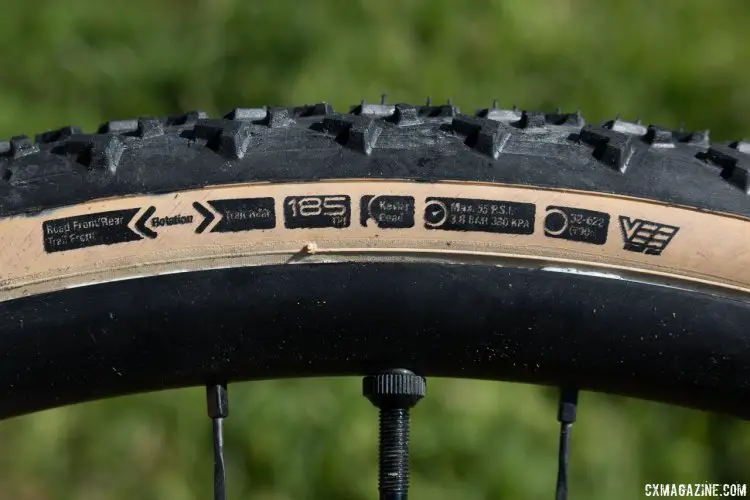 There's a lot of data to digest. Made by Vee Tire, 185 tpi, and suggested orientations based on road or trail, front or rear. Islabikes Gréim Pro tubeless cyclocross tire. © Cyclocross Magazine