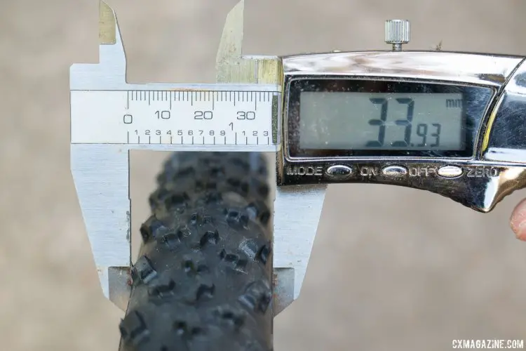 Islabikes Gréim Pro tubeless cyclocross tire measures just under 34mm wide, on a 22.6mm internal width rim. Narrower rims could help the tire meet the 33mm UCI maximum. © Cyclocross Magazine