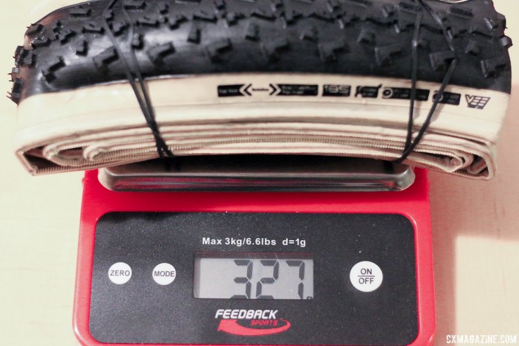 Islabikes Gréim Pro tubeless cyclocross tire is a lightweight champ. At 327 grams (with rubber bands), it's the lightest tubeless cyclocross tire we've tested, and lighter than most non-tubeless clinchers. © Cyclocross Magazine