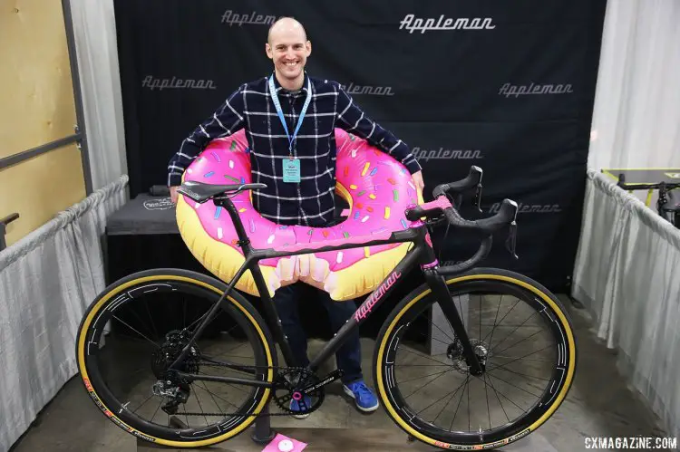 “I got pegged as the donut guy so I decided to have some fun. There are enough serious bikes out there.” Matt Appleman's Pink Doughnut gravel bike. NAHBS 2017. © C. Fegan-Kim Cyclocross Magazine