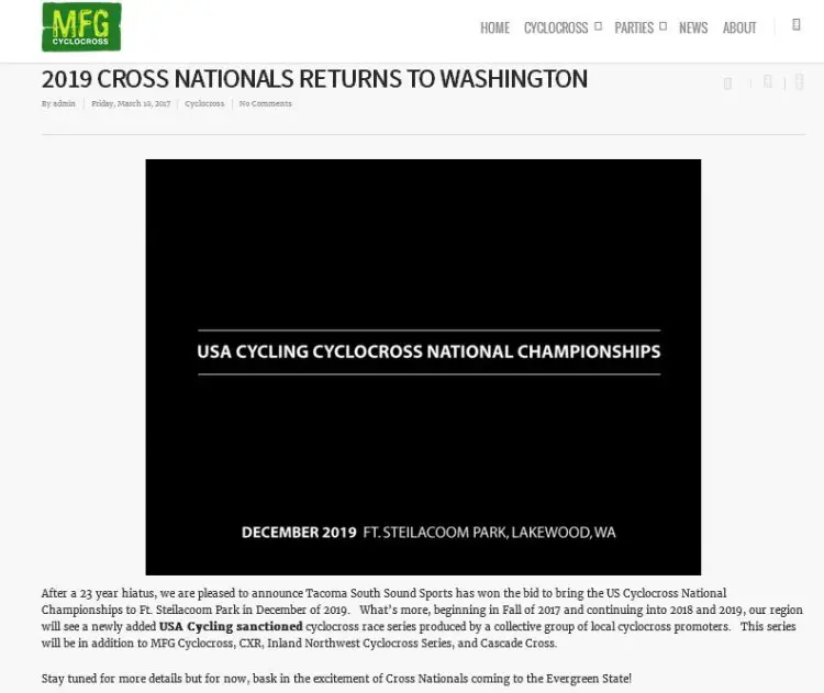 MFG's early announcement of the 2019 Tacoma Cyclocross National Championship