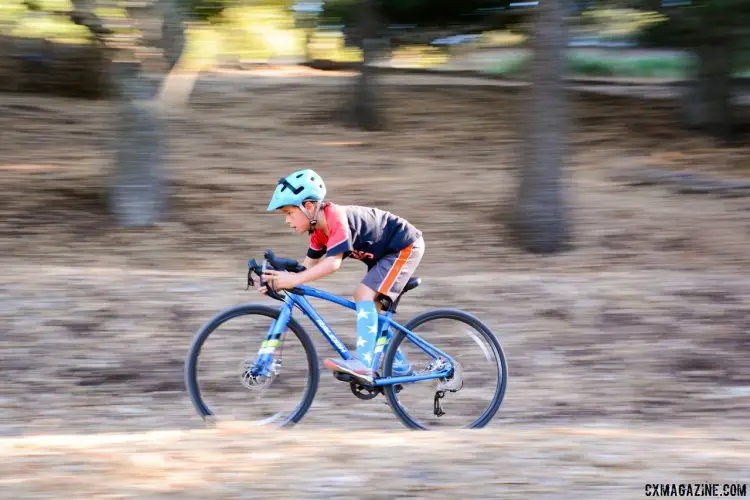 Our young tester showing star form descending on the Raleigh RX24 24" wheel kid's cyclocross bike. © P. Merridew / Cyclocross Magazine