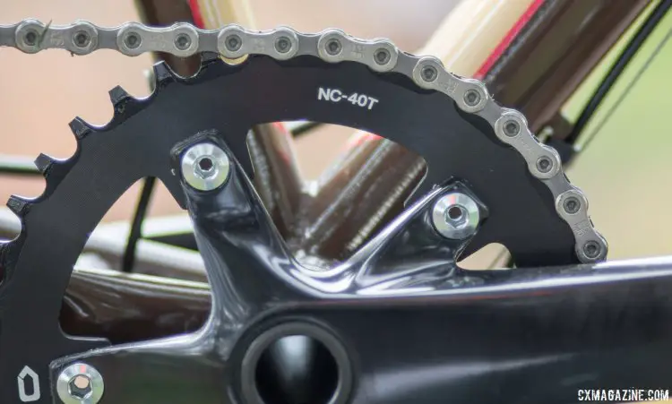 A generic narrow-wide 40t chainring keeps your chain in place, but makes for tall gearing if you really want to take your stunts on the bikepacking road. 2017 Raleigh Stuntman. © Cyclocross Magazine