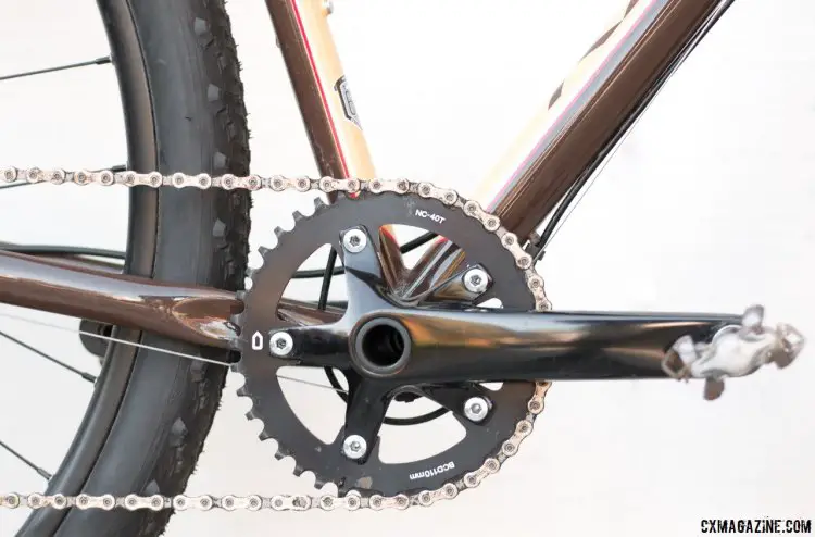 An offbrand Sammox crankset with 40t narrow/wide chainring keeps you pedaling and keeps the price down. 2017 Raleigh Stuntman. © Cyclocross Magazine