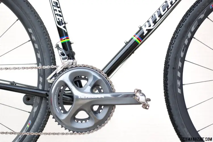 Shimano Ultegra compact cranks provide more climbing prowess to this steel rig. Ritchey Swiss Cross steel cyclocross bike. © Cyclocross Magazine