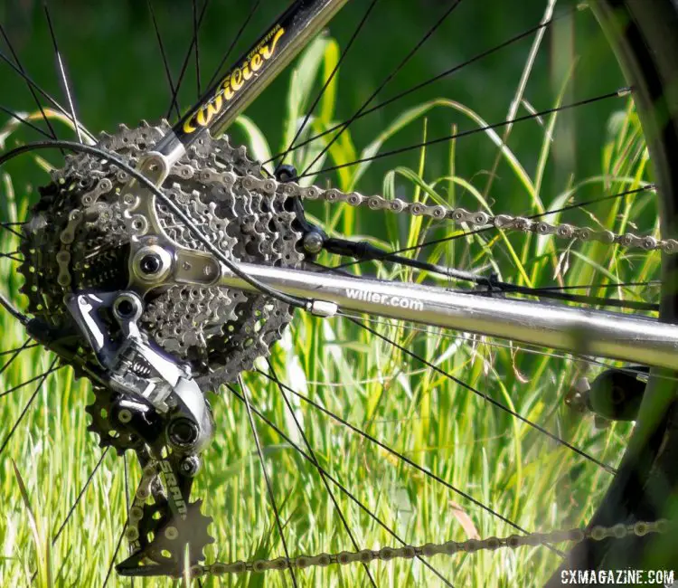 A Rival 1 rear derailleur shifts across a SRAM 11-42 1130 cassette, a trendy combo that's been on many of our recent test bikes. Wilier Triestina Jaroon + drop bar plus bike. © Cyclocross Magazine