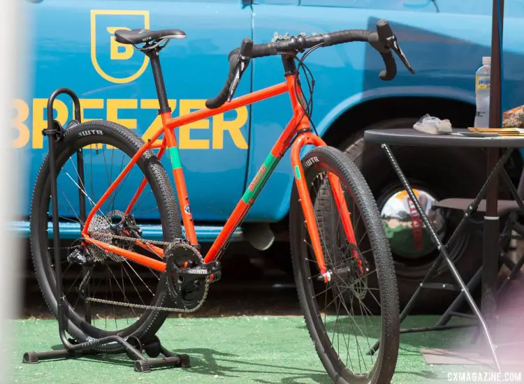 If you're aiming for adventure, Breezer wants this bike to be on your Radar. 5 bottle mounts, provisions for rack and fenders, plus clearance for 29 X 2.1 (700 X 52) tires (without fenders). All for a pittance. Breezer Radar adventure / touring bike. 2017 Sea Otter Classic. © C. Lee / Cyclocross Magazine