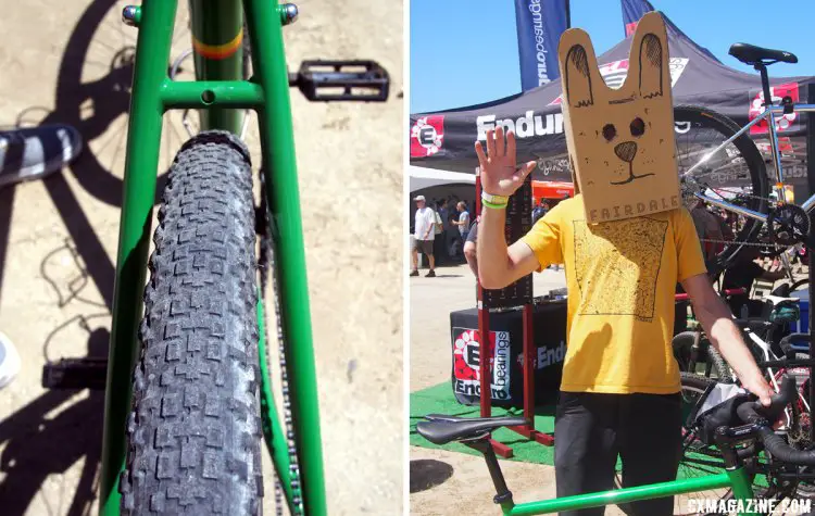 The rear end has plenty of tire clearance, shown here with a 40c tire fitted. Leif Valin models the Fairdale bunny head. 2017 Sea Otter Classic. © G. Kato / Cyclocross Magazine