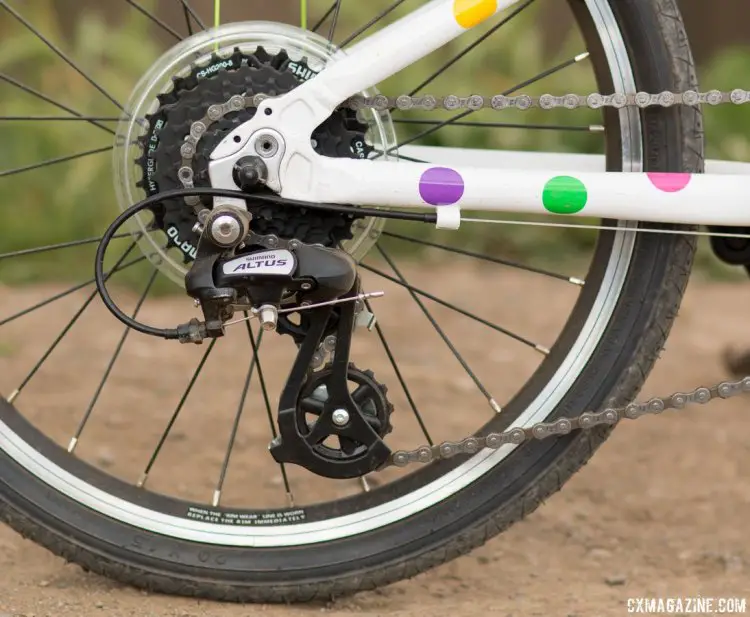 A Shimano Altus rear derailleur handles shifting duties. Frog Bikes 55 20" wheel kid's bike. © Cyclocross Magazine