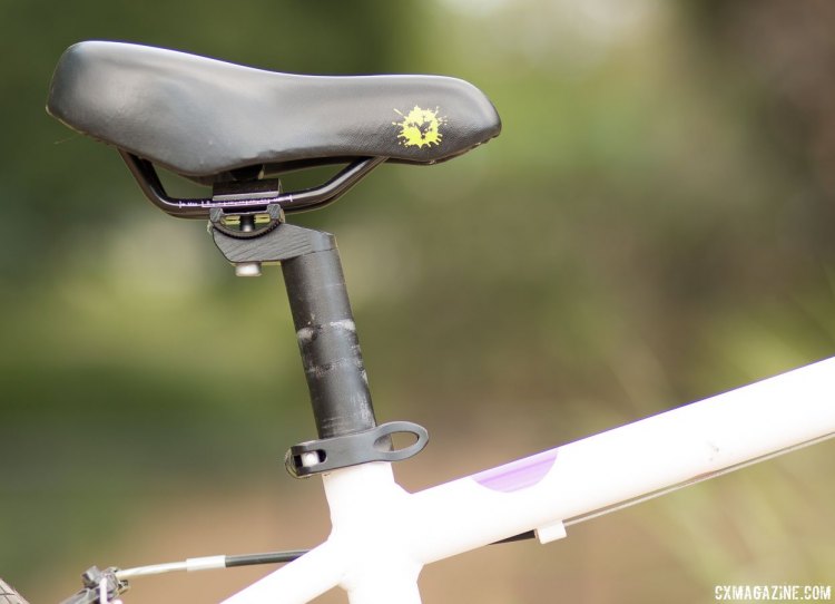 A small saddle and a one-bolt post provide the perch. It's the notched one-bolt type we typically don't trust for cyclocross, but with a lightweight child, we're guessing it will hold its angle just fine. Frog Bikes 55 20" wheel kid's bike. © Cyclocross Magazine
