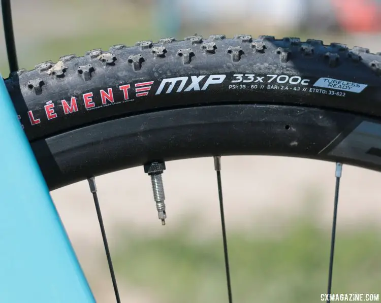 The new 2018 carbon Kona Major Jake cyclocross bike will pair Clement MXP tubeless tires with tubeless wheels, but not the Easton EA70 AX wheels pictured. The Super Jake gets Clement wheels. 2017 Sea Otter Classic. © A. Yee / Cyclocross Magazine