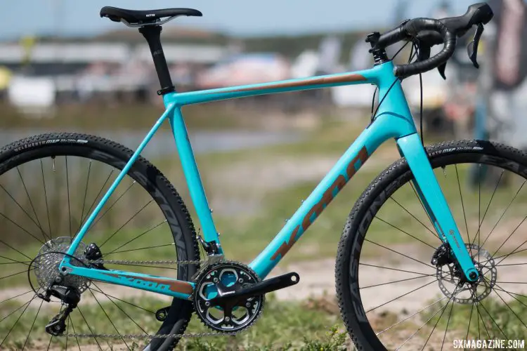 The new 2018 carbon Kona Major Jake cyclocross bike has gotten a bit lower, with BB drops from 68-72mm, and features generous head tube lengths. Pictured is a 56, which is closer to a 58 in most brands. Head angles are also said to be a bit slacker than previous models. 2017 Sea Otter Classic. © A. Yee / Cyclocross Magazine