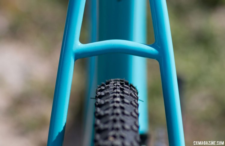 The new 2018 carbon Kona Major Jake cyclocross bike retains a seatstay bridge, but there's plenty of room for mud and fat rubber. 2017 Sea Otter Classic. © A. Yee / Cyclocross Magazine