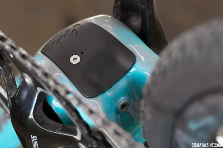 The new 2018 carbon Kona Major Jake cyclocross bike features an easy-access port with removeable cover for cable or wire routing. 2017 Sea Otter Classic. © A. Yee / Cyclocross Magazine