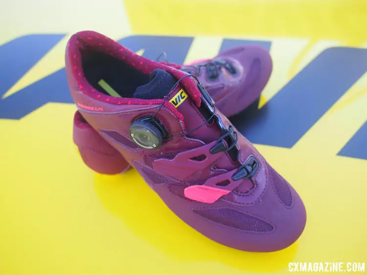 Mavic's Sequence Elite W shoe is designed for women with an emphasis on optimum fit and energy transfer. Shown in fig-hibiscus colors, this shoe would match well for those McTubbin fans out there. Sea Otter Classic 2017 © Cyclocross Magazine