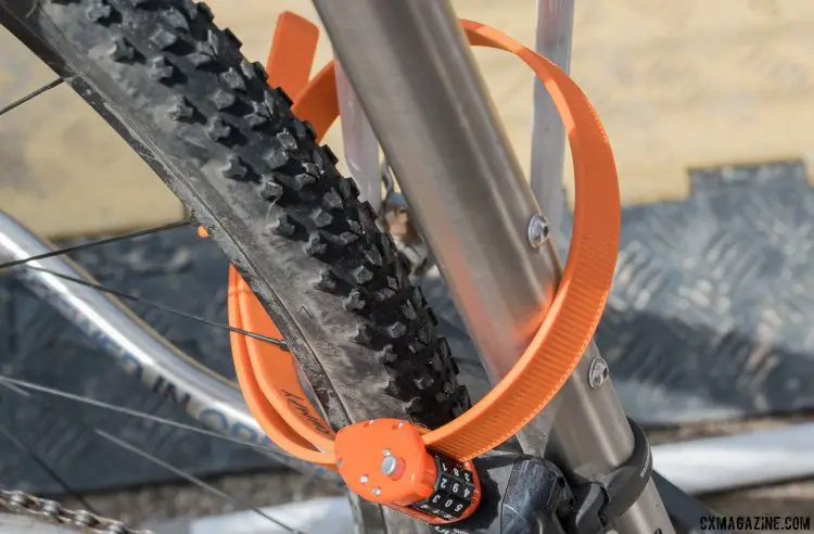 The steel and kevlar core OttoLock can be cinched tight for security. The lock combination is customizable. 2017 Sea Otter Classic. © C. Lee / Cyclocross Magazine