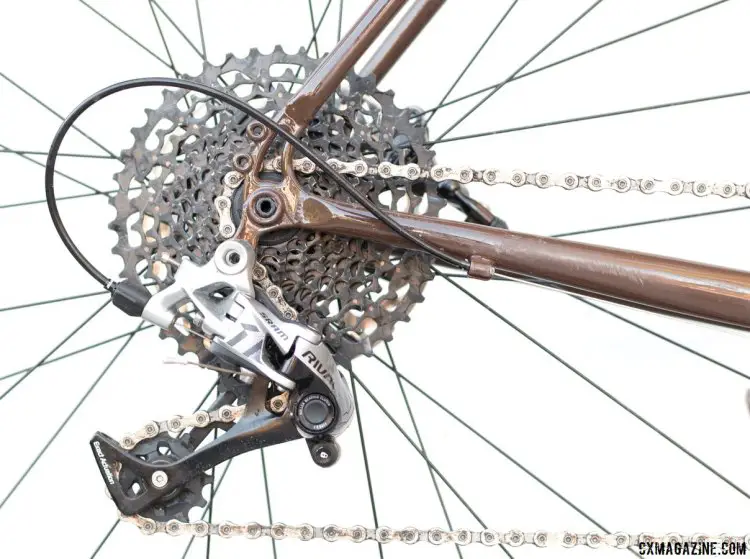 Rival 1 rear derailleur shifts through the Apex-level 11-42 cassette flawlessly, but the non-replaceable hanger bends easily. 2017 Raleigh Stuntman. © Cyclocross Magazine