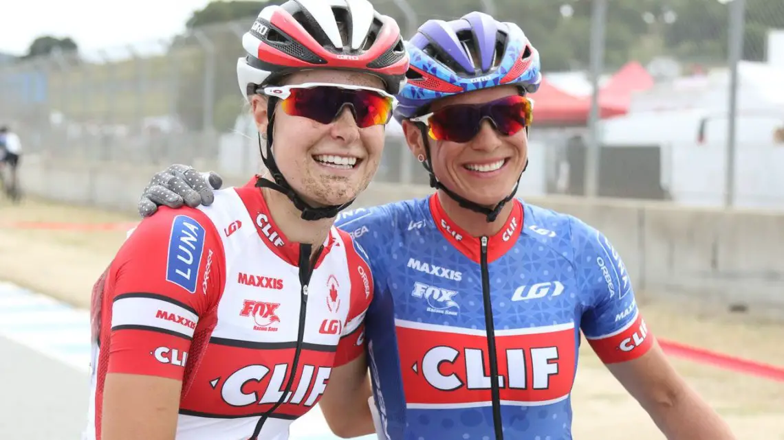Nash (right) and Rochette (left) are all smiles after going 1-2. 2017 Sea Otter Classic cyclocross race. © J. Silva / Cyclocross Magazine