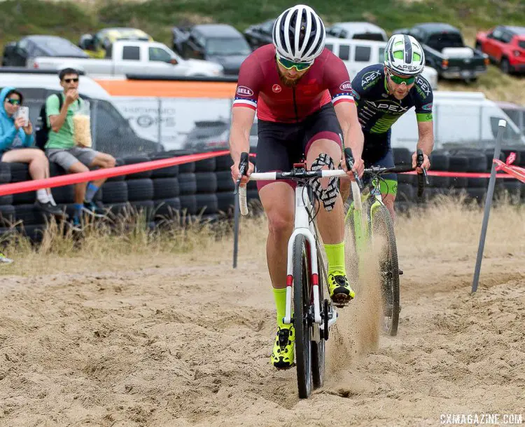 Tobin Ortenblad seizing control from Justin Lindine. 2017 Sea Otter Classic cyclocross race. © J. Silva / Cyclocross Magazine