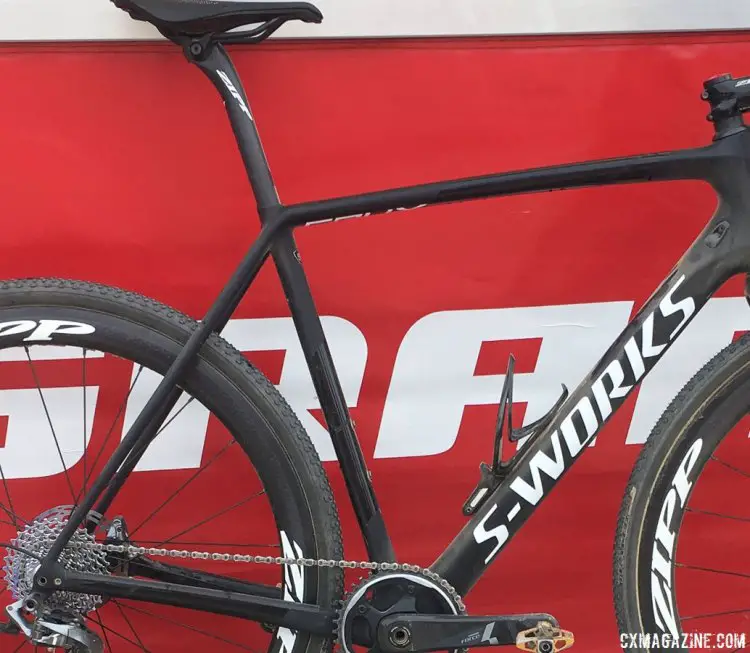 Cody Kaiser's new 2018 Specialized S-Works CruX has a stealth, clean look, with a hidden seat post clamp, flatter top tube and flat mount disc brakes. Third bottle mounts and a front derailleur mount are gone, at least on this pre-production model. 2017 Sea Otter Classic. © Cyclocross Magazine