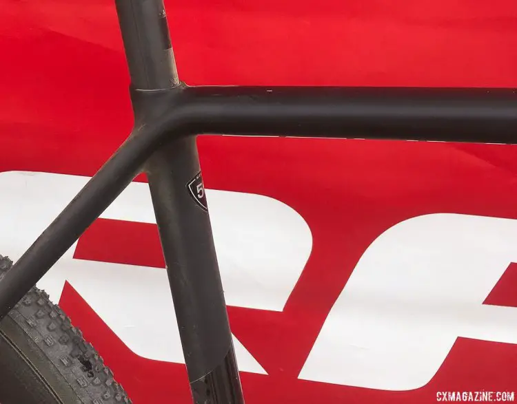 Cody Kaiser's new 2018 Specialized S-Works CruX hides the clamp, flattens the top tube, but keeps similar lines by the seat tube and top tube. 2017 Sea Otter Classic. © Cyclocross Magazine