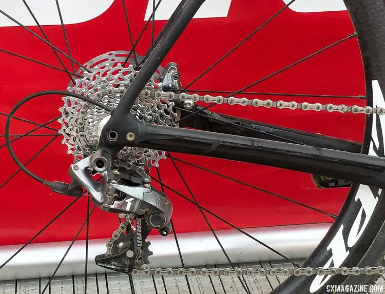 Cody Kaiser's new 2018 Specialized S-Works CruX features chainstays that appear slimmer than those on the earlier models. No SCS here, but standard 142x12mm as seen on the 2017 bikes. 2017 Sea Otter Classic. © Cyclocross Magazine