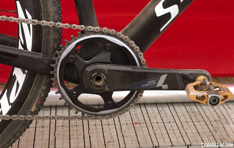 Kaiser pedaled a 40t X-Sync SRAM Force 1 chainring, and felt a bit undergeared on the flat course. Cody Kaiser's new 2018 Specialized S-Works CruX. 2017 Sea Otter Classic. © Cyclocross Magazine
