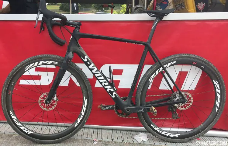 Cody Kaiser's new 2018 Specialized S-Works CruX goes flat with flat mount brakes and a flatter top tube. 2017 Sea Otter Classic. © Cyclocross Magazine