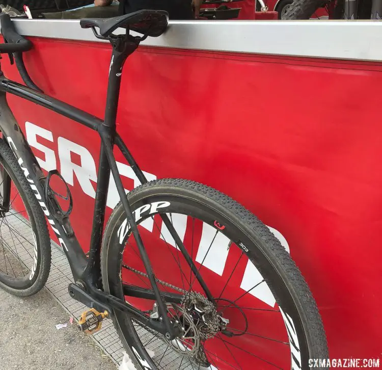 Cody Kaiser's new 2018 Specialized S-Works CruX maximizes mud clearance by removing the seat stay bridge. 2017 Sea Otter Classic. © Cyclocross Magazine