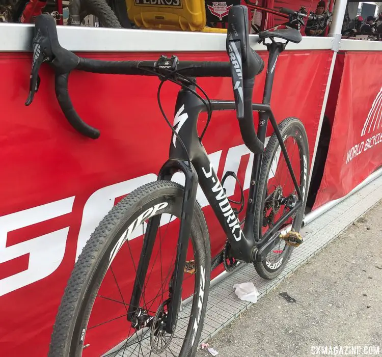 Cody Kaiser's new 2018 Specialized S-Works CruX inherits some Tarmac traits but sheds some weight. 2017 Sea Otter Classic. © Cyclocross Magazine