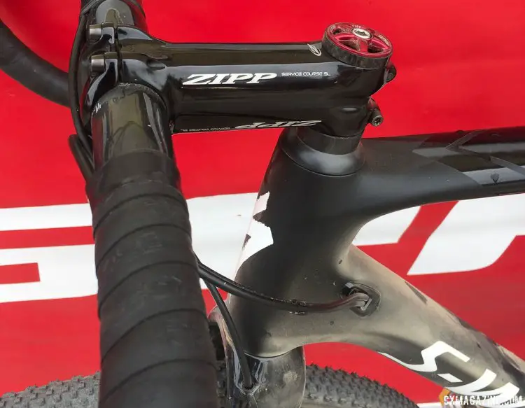 A Zipp Service Course SL stem helped Kaiser steer through the compact Sea Otter cyclocross course. The internal routing is simplified, moving from two separate ports to one single one. Cody Kaiser's new 2018 Specialized S-Works CruX. 2017 Sea Otter Classic. © Cyclocross Magazine