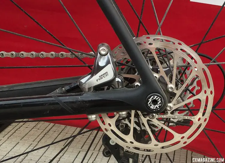 Cody Kaiser's new 2018 Specialized S-Works CruX features flat mount disc brakes, of course, and 12mm thru axles. Long gone is the proprietary SCS system from two seasons ago. 2017 Sea Otter Classic. © Cyclocross Magazine
