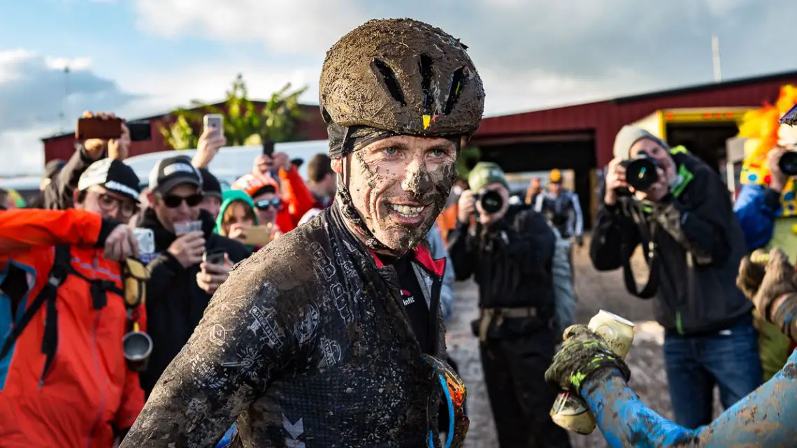 Sven Nys is all smiles after coming close but not winning the obligatory tattoo at the 2016 SSCXWC. © Ryan Richardson