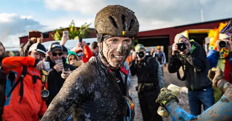 Sven Nys is all smiles after coming close but not winning the obligatory tattoo at the 2016 SSCXWC. © Ryan Richardson