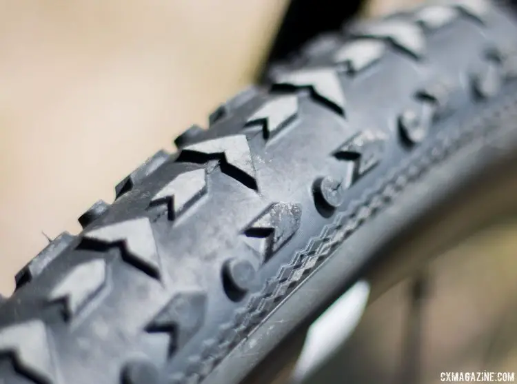 Vittoria's new 40c Terreno "Mix" TNT Tubeless tire is a directional tread, with the company saying it chevrons should point forward on both front and rear wheels. It may replace the Grifo-like XG in the future. 2017 Sea Otter Classic. © Cyclocross Magazine