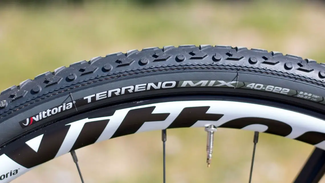 Vittoria's new 40c Terreno TNT Tubeless tires bring the company's new tubular treads to larger volume tubeless clinchers. 2017 Sea Otter Classic. © Cyclocross Magazine