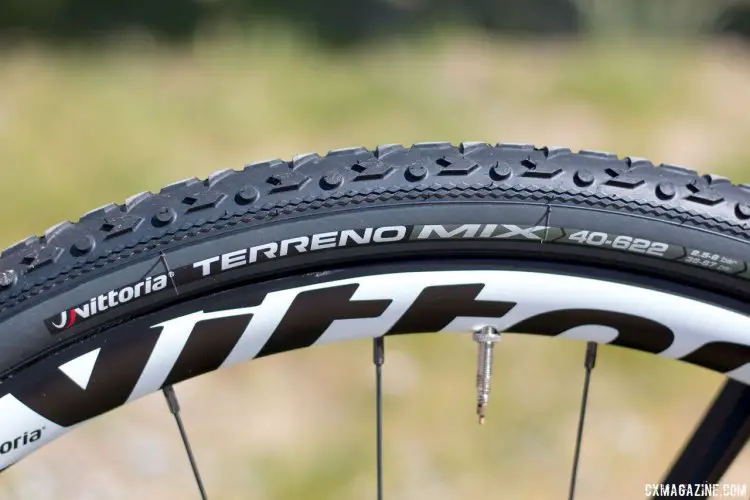 Vittoria's new 40c Terreno TNT Tubeless tires bring the company's new tubular treads to larger volume tubeless clinchers. 2017 Sea Otter Classic. © Cyclocross Magazine