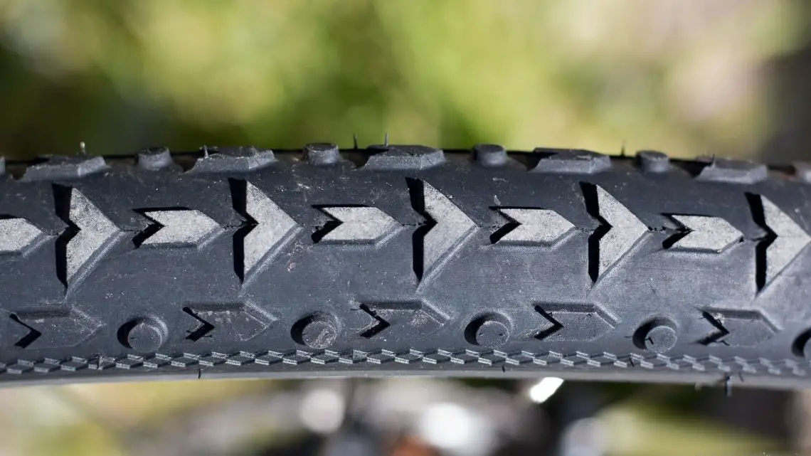 Vittoria's new 40c "Mix" conditions Terreno TNT Tubeless tire features a unique ribbon below the side knobs for added rigidity. 2017 Sea Otter Classic. © Cyclocross Magazine