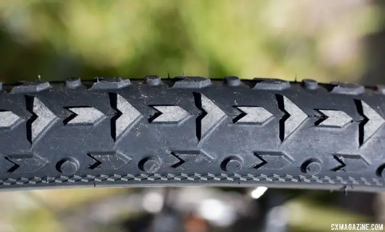 Vittoria's new 40c "Mix" conditions Terreno TNT Tubeless tire features a unique ribbon below the side knobs for added rigidity. 2017 Sea Otter Classic. © Cyclocross Magazine