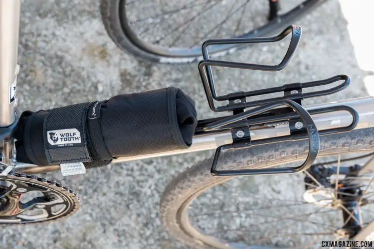 One optional accessory to bolt to the B-Rad is the double, side-by-side bottle cage mount. You'd think you'd hit your knees, but you don't if they're mounted correctly and your quads aren't like Nelson Vails'. 2017 Sea Otter Classic. © C. Lee / Cyclocross Magazine