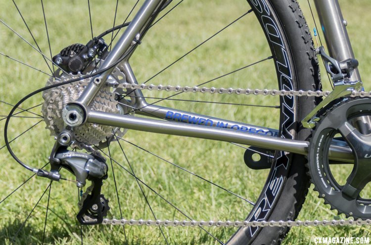 Post mounted brake on the truss-reinforced seatstay keeps the brake up high in case of deep water crossings. 2017 Sea Otter Classic. © C. Lee / Cyclocross Magazine