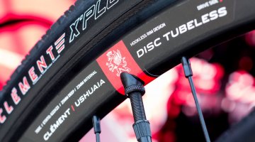 The Clement Ushuaia Disc Tubeless wheels use a hookless rim design. Tape and valves are included. 2017 Sea Otter Classic. © Cyclocross Magazine