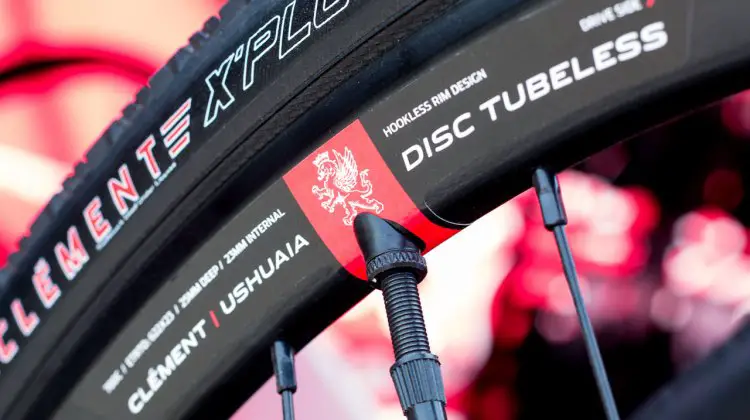 The Clement Ushuaia Disc Tubeless wheels use a hookless rim design. Tape and valves are included. 2017 Sea Otter Classic. © Cyclocross Magazine