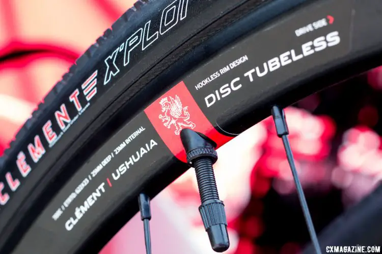 The Clement Ushuaia Disc Tubeless wheels use a hookless rim design. Tape and valves are included. 2017 Sea Otter Classic. © Cyclocross Magazine