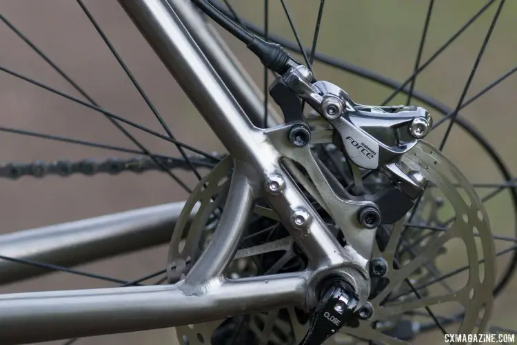 Quick release rear axle and IS brake mounts may not be the latest trends, but they're tried and true, especially on metal frames. Dean Antero titanium cyclocross bike. © Cyclocross Magazine