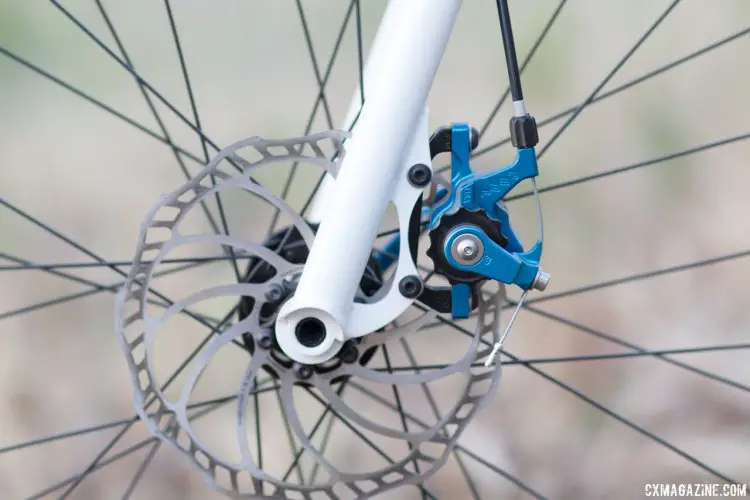 Falconer steel drop bar mountain bike was paired with a Falconer-built fork with 15mm thru axle and IS caliper brake mount. Paul Camp 2017. © Cyclocross Magazine